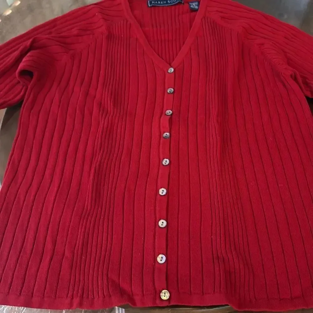 Karen Scott Size XL Red Sweater V Neck Ribbed Button Front Long Sleeved Woman’s